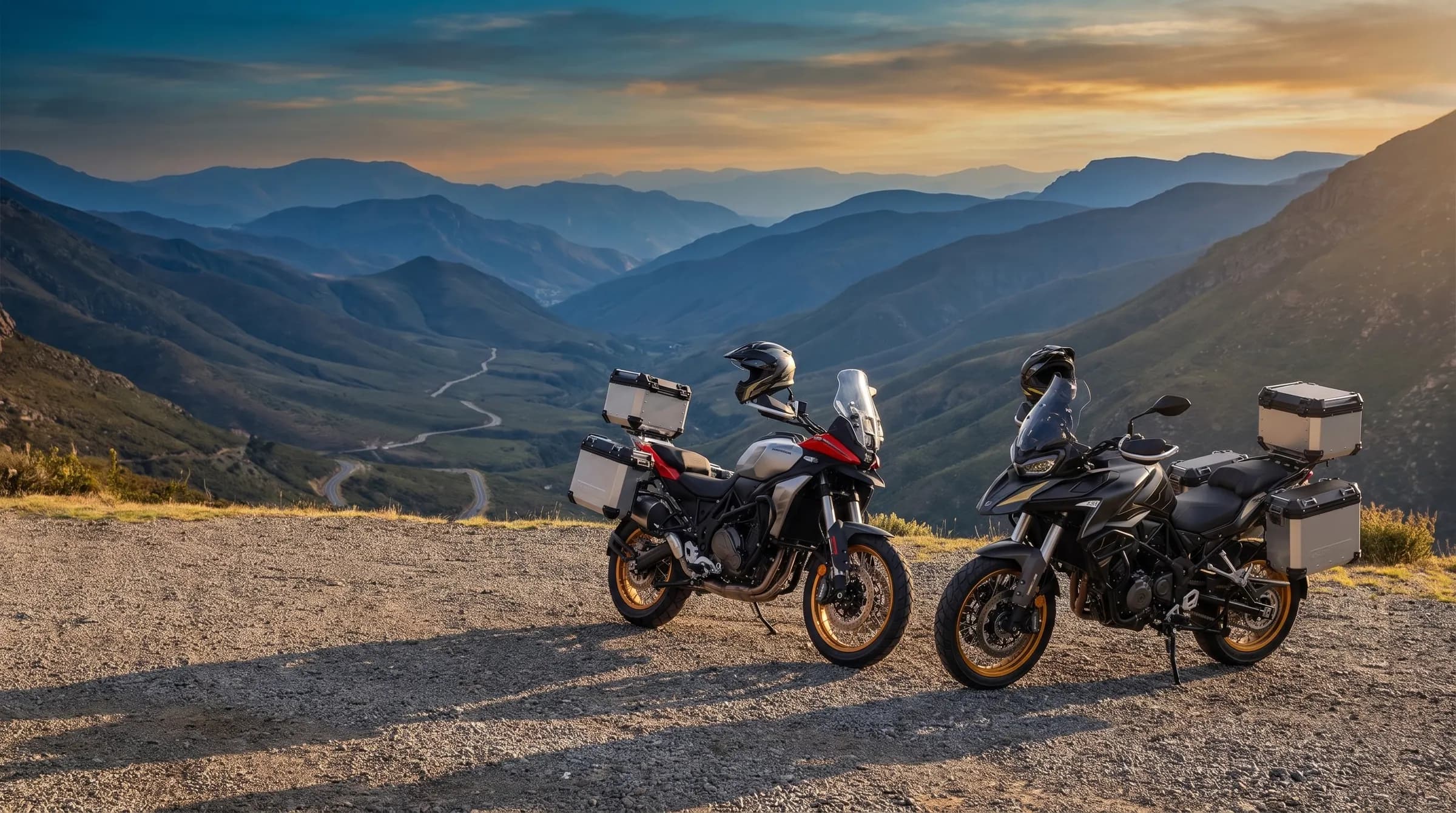 The Adventure 700 and 900 parked side by side at a mountain viewpoint