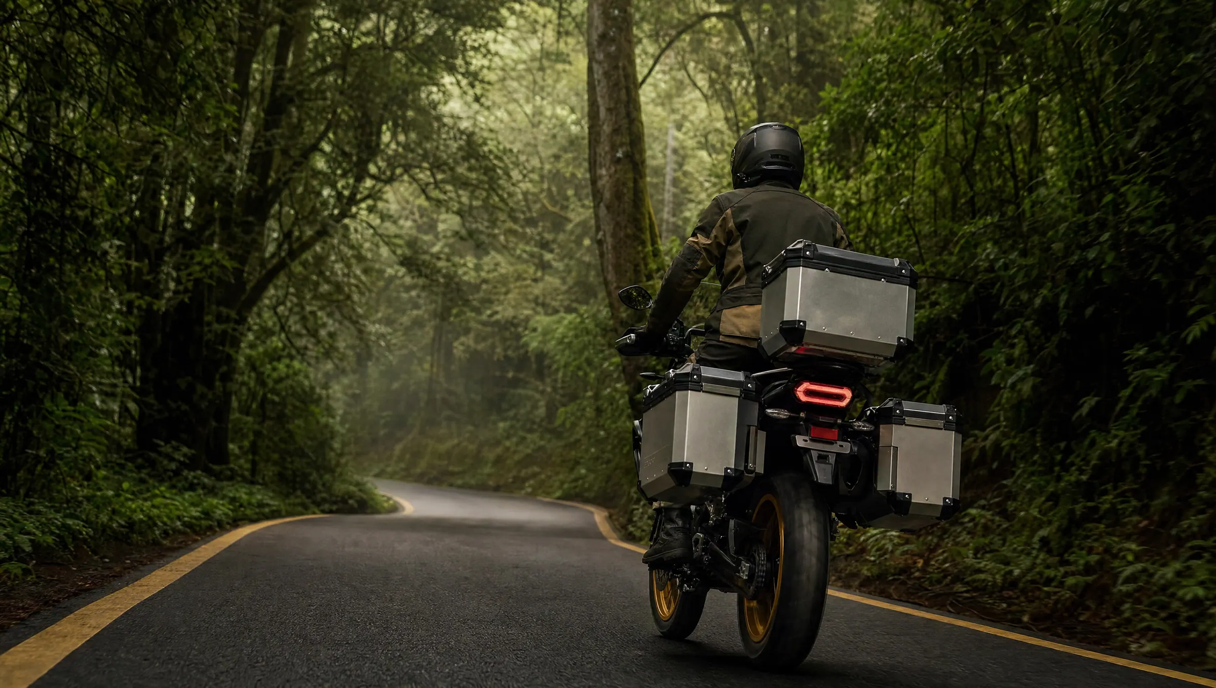 A rider on a loaded adventure bike on a forest road