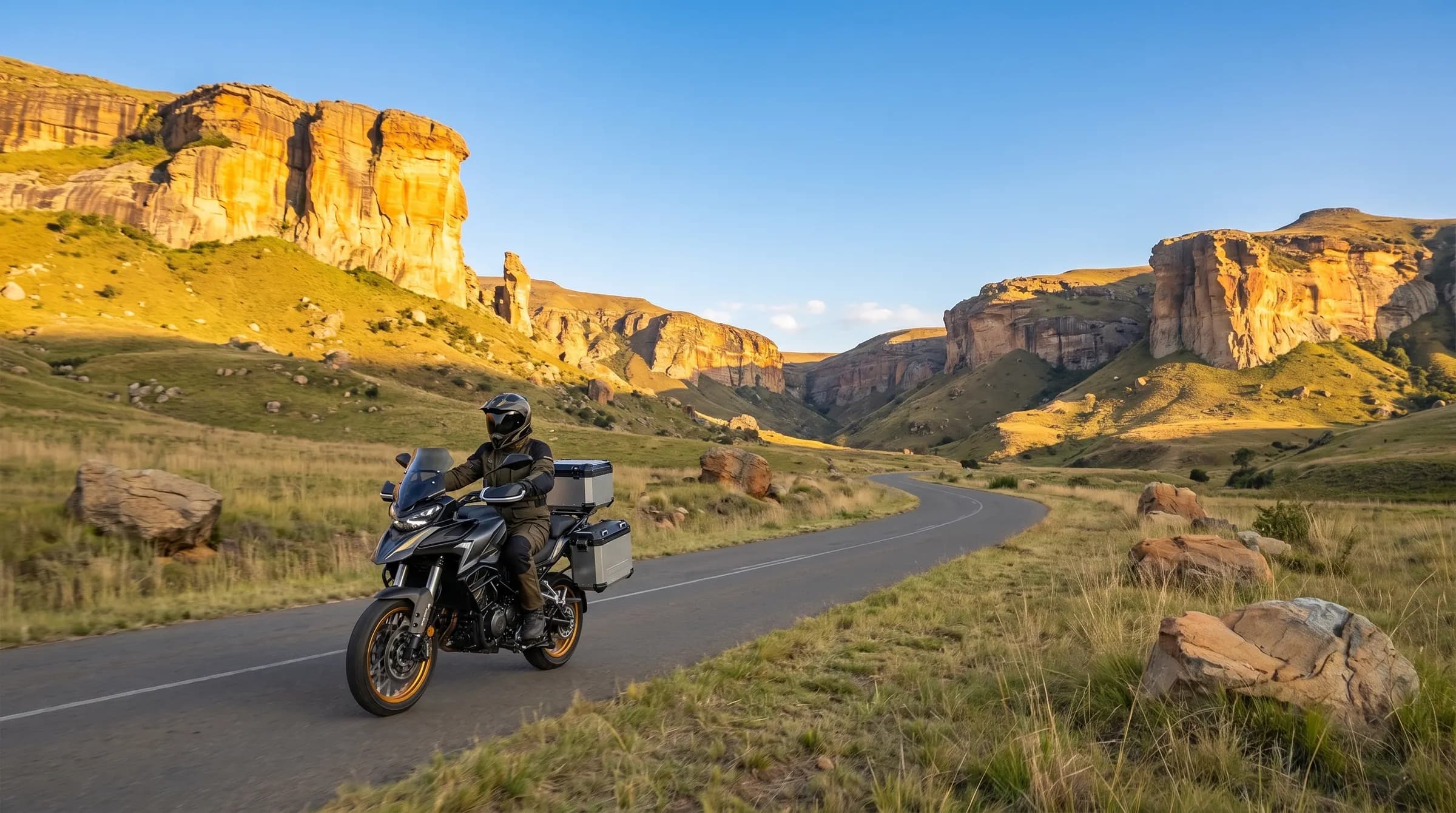 A rider on a sweeping road beneath golden sandstone cliffs