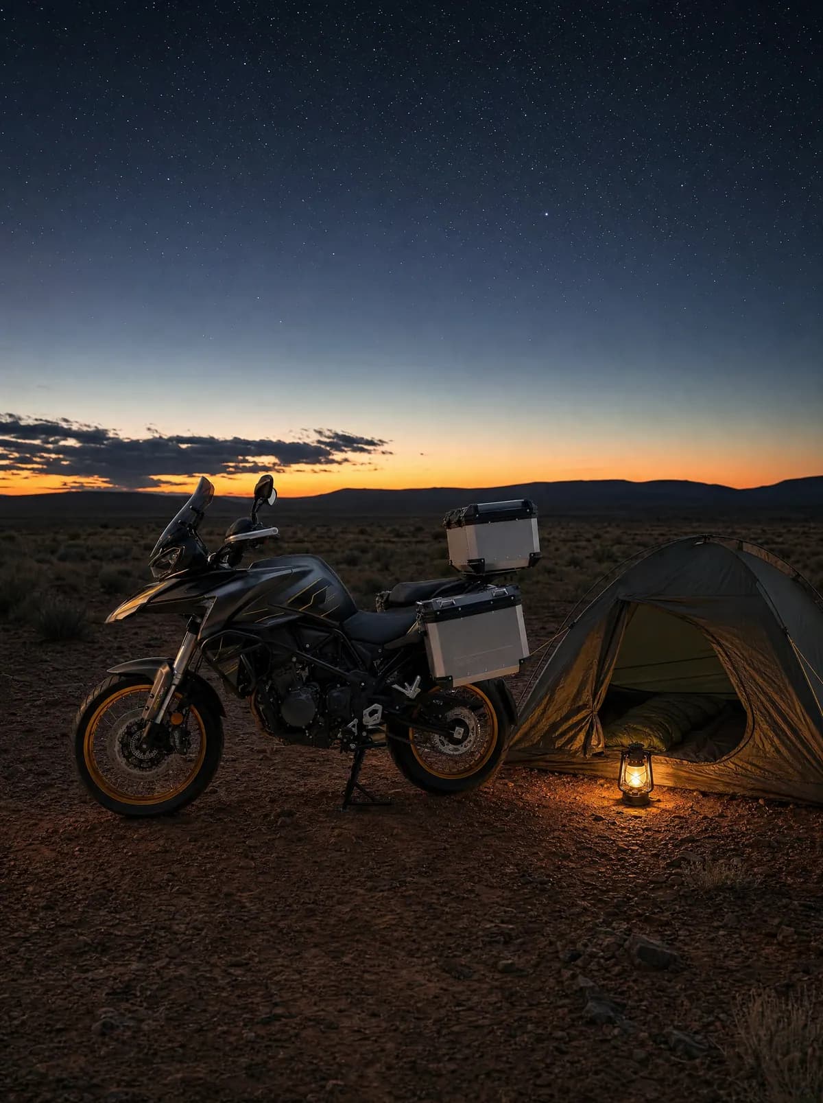 A loaded adventure bike beside a small tent under a Karoo sky at dusk